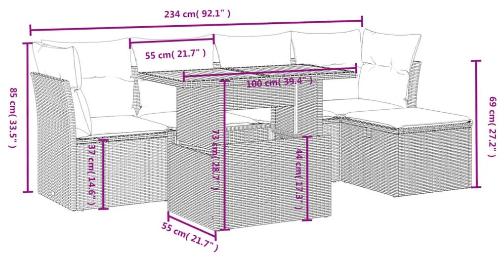 6 pcs conjunto de sofás p/ jardim com almofadões vime PE bege