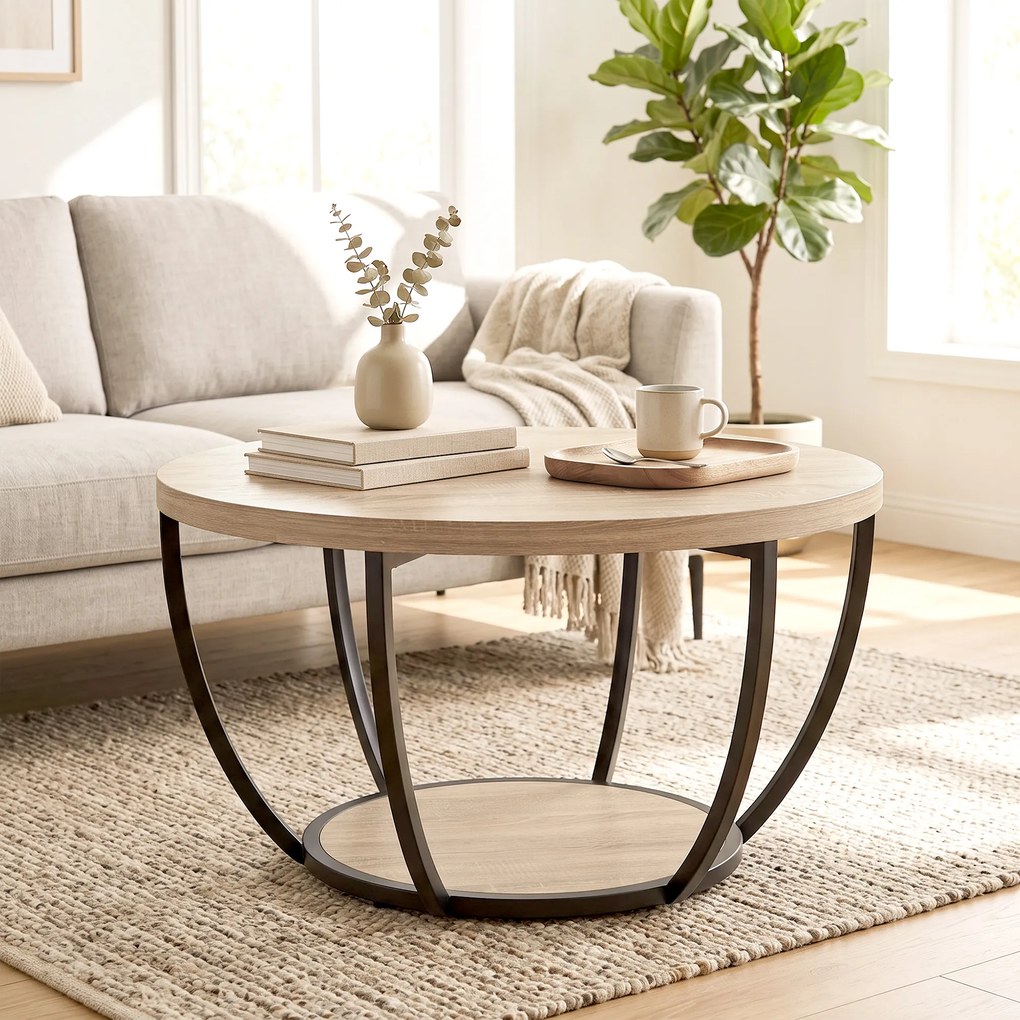 Mesa de Centro Redonda para Sala com Prateleira e Estrutura Metálica 80x80x43,8 cm Carvalho