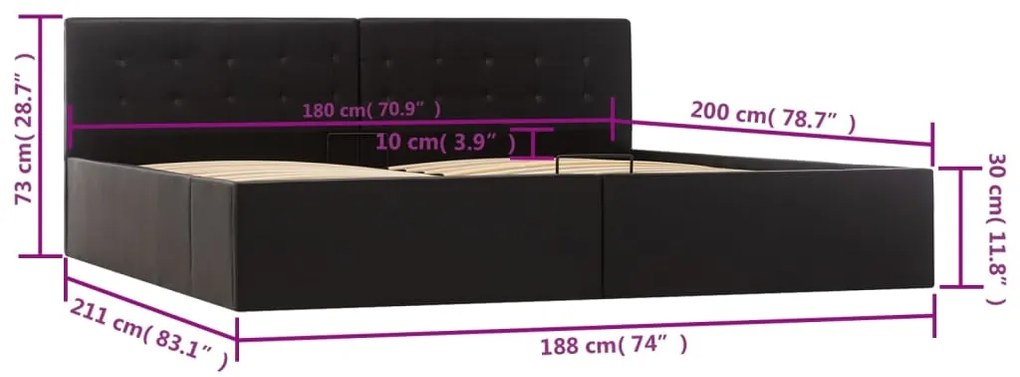 Cama hidráulica c/ arrumação 180x200cm couro artificial preto
