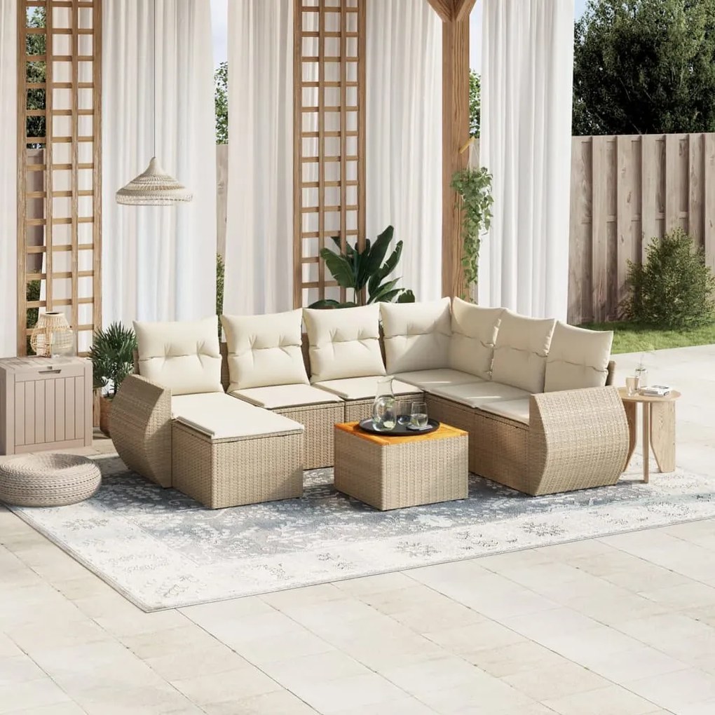8 pcs conjunto de sofás p/ jardim com almofadões vime PE bege
