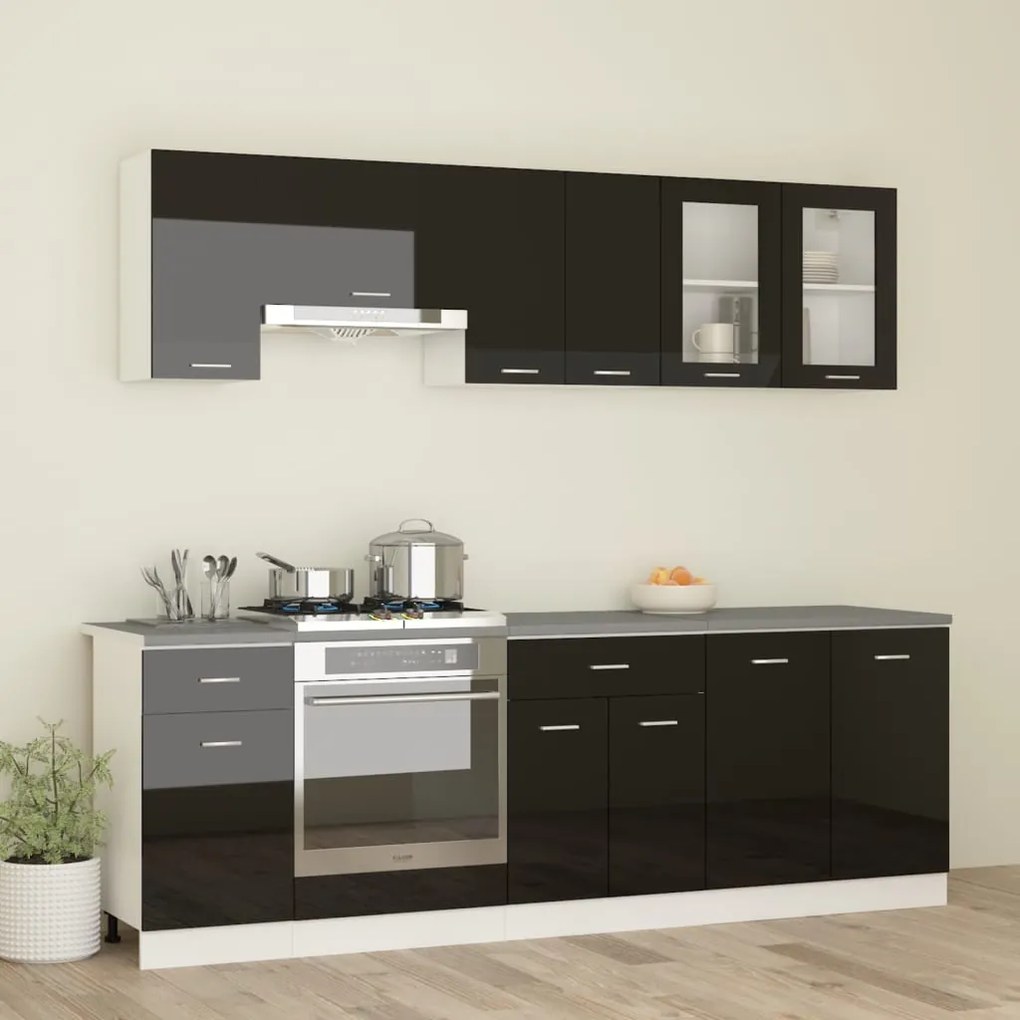 vidaXL 8pcs conjunto de armários de cozinha c/ bancada preto brilhante