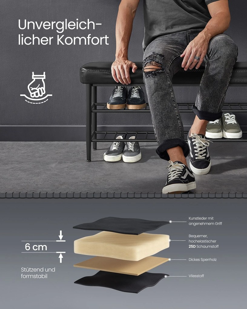 Banco para sapatos da coleção EKHO com costuras 30 x 100 x 50 cm Preto