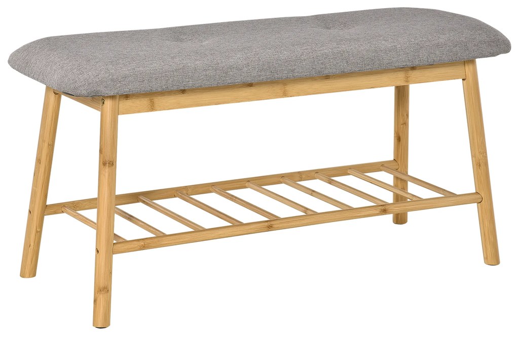 HOMCOM Banco Sapateiro Moderno Móvel de Entrada de Bambú com Assento Acolchoado e Prateleira para Sapatos Entrada Corredor 90x34x44cm Cor Natural e Cinza