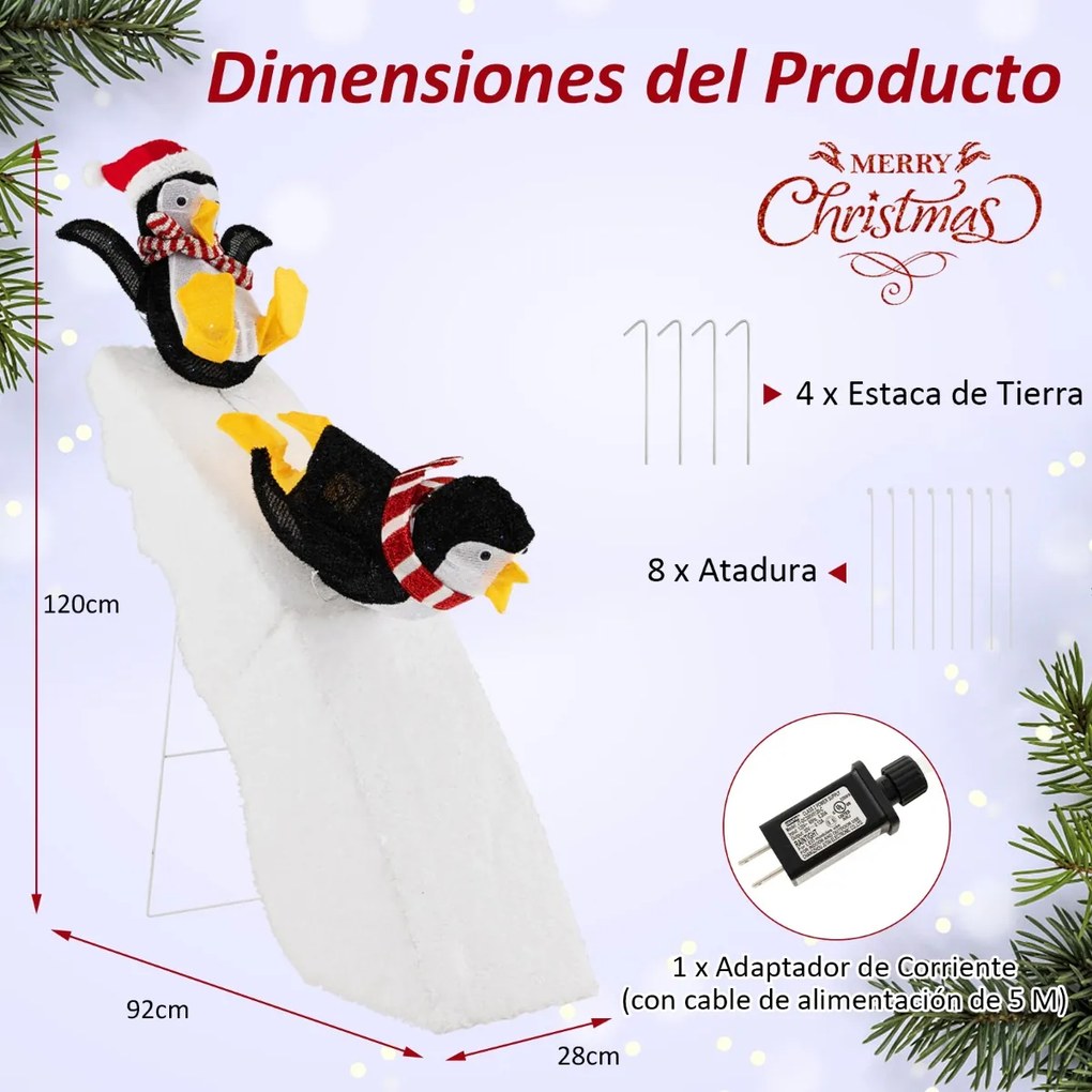 Pinguim Natal 120 cm LED com Gorro e Cachecol Decoração de Natal Iluminada com 130 LEDs Brancos Frios Decoração de Inverno com Estacas