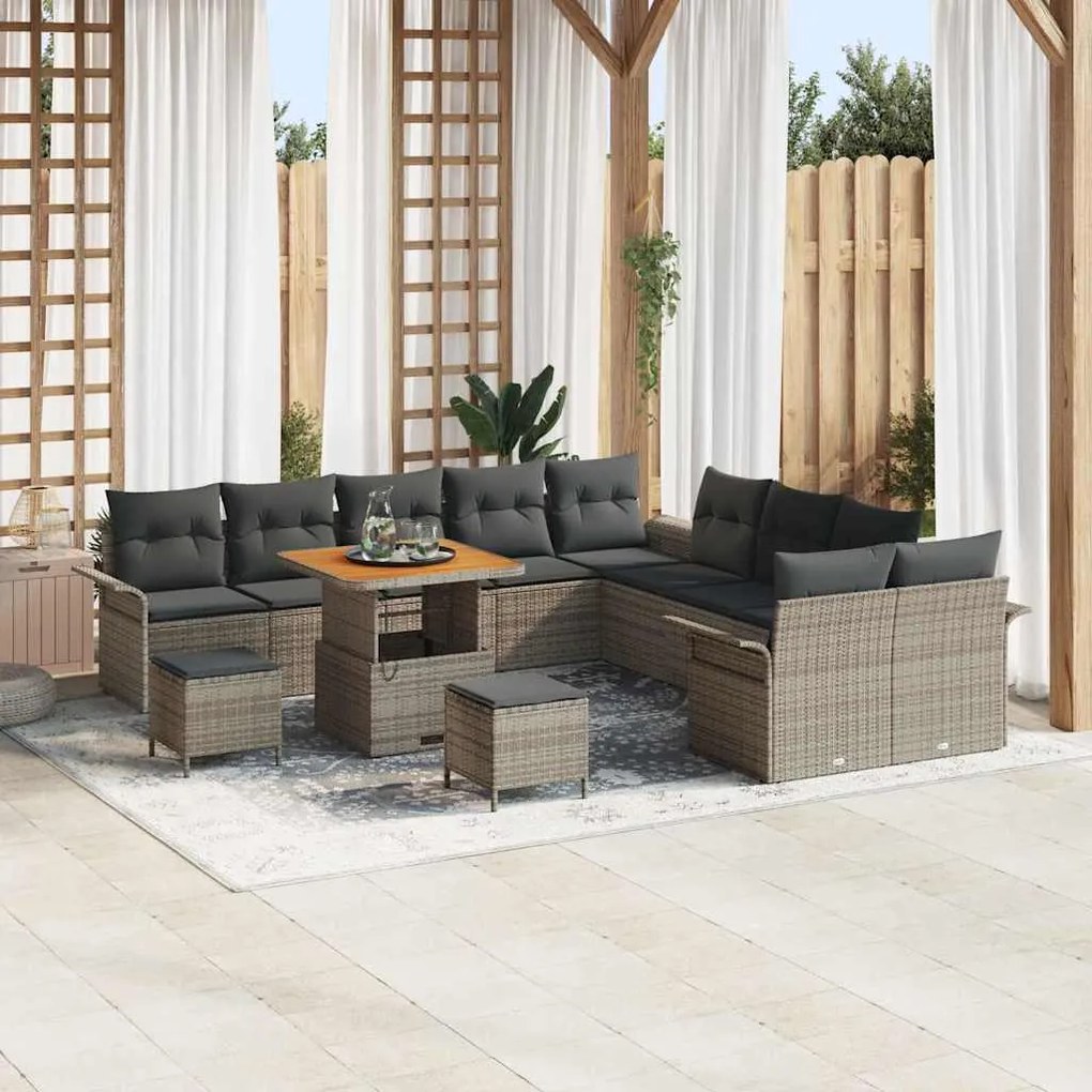 vidaXL Conjunto de Sofás de Jardim de 13 Peças com Almofadas Cinza em Rattan Sintético e Acácia