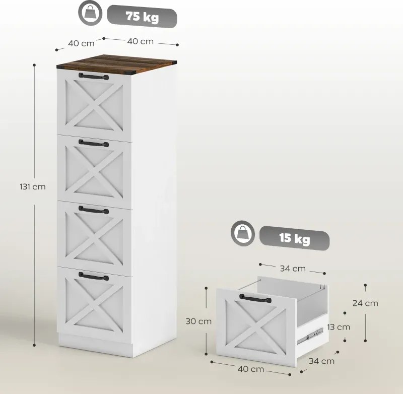 Móvel arquivo para Escritório 40x40x131 cm com 4 Gavetas com Trilho Suspenso para A4 e Carta  Branco