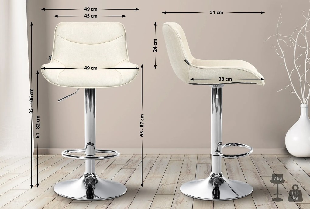 Banco alto em tecido com estrutura prateada 85-106 x 49 x 51 cm cor creme