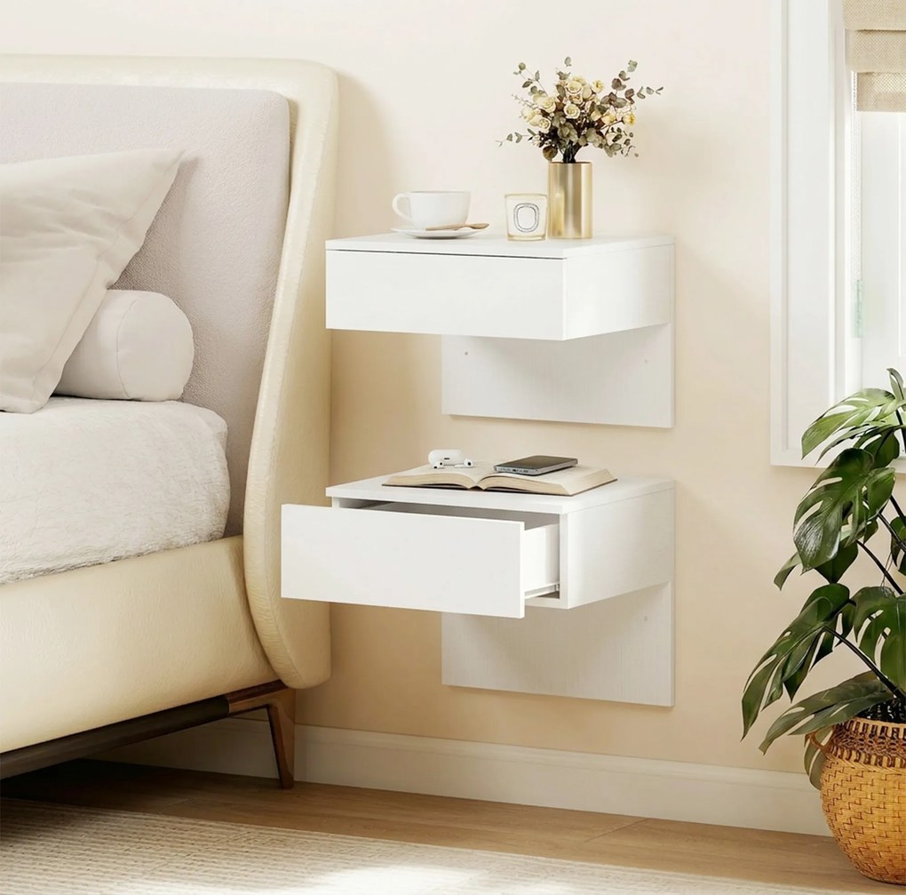 Conjunto de 2 Mesas de Cabeceira Suspensas com Gaveta para Fixar na Parede para Quarto 40x35x36,2 cm Branco Brilhante