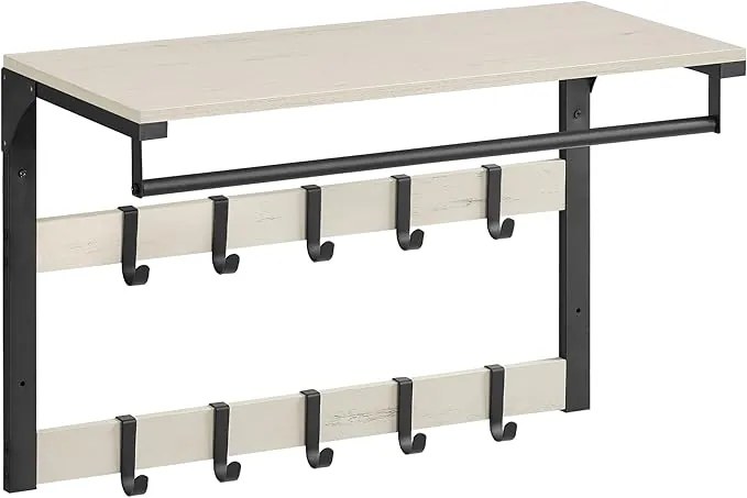 Cabide de parede VASAGLE, prateleira de parede com 10 ganchos removíveis, varão para roupas, ganchos para casacos com prateleira, para entrada, quarto, banheiro, branco rústico e preto-tinta LCR101W03