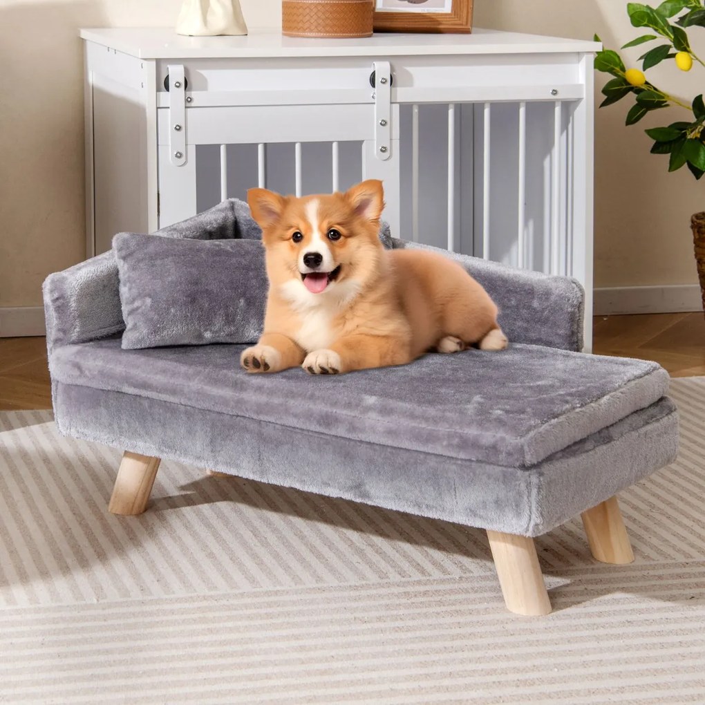 Cama elevada para animais de estimação 71 x 43 x 40 cm com almofada e travesseiro removíveis, pernas de madeira e encosto alto cinza escuro