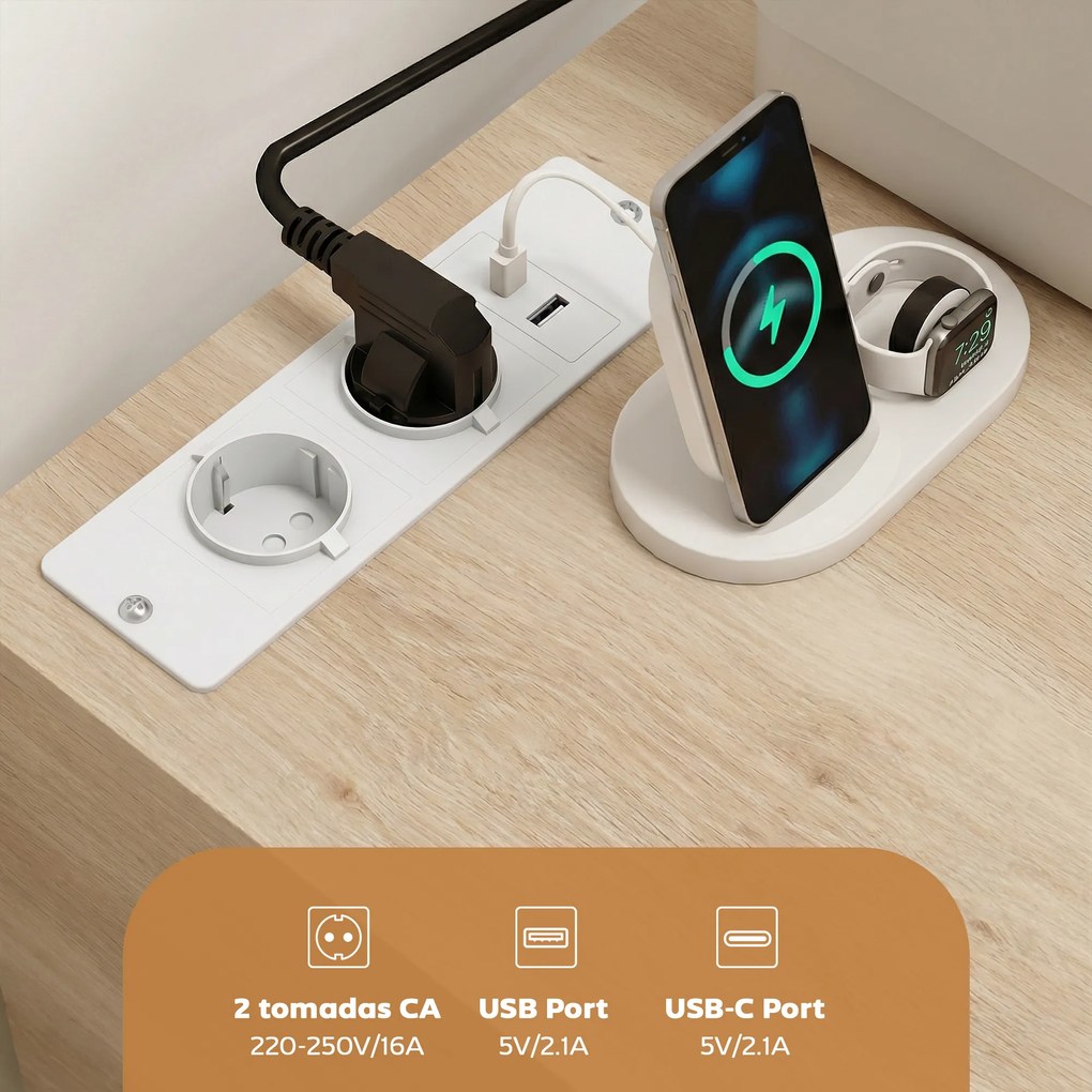 Móvel para Impressora com Estação de Carregamento e Rodas 5 Gavetas Portas USB Prateleira Ajustável Natural