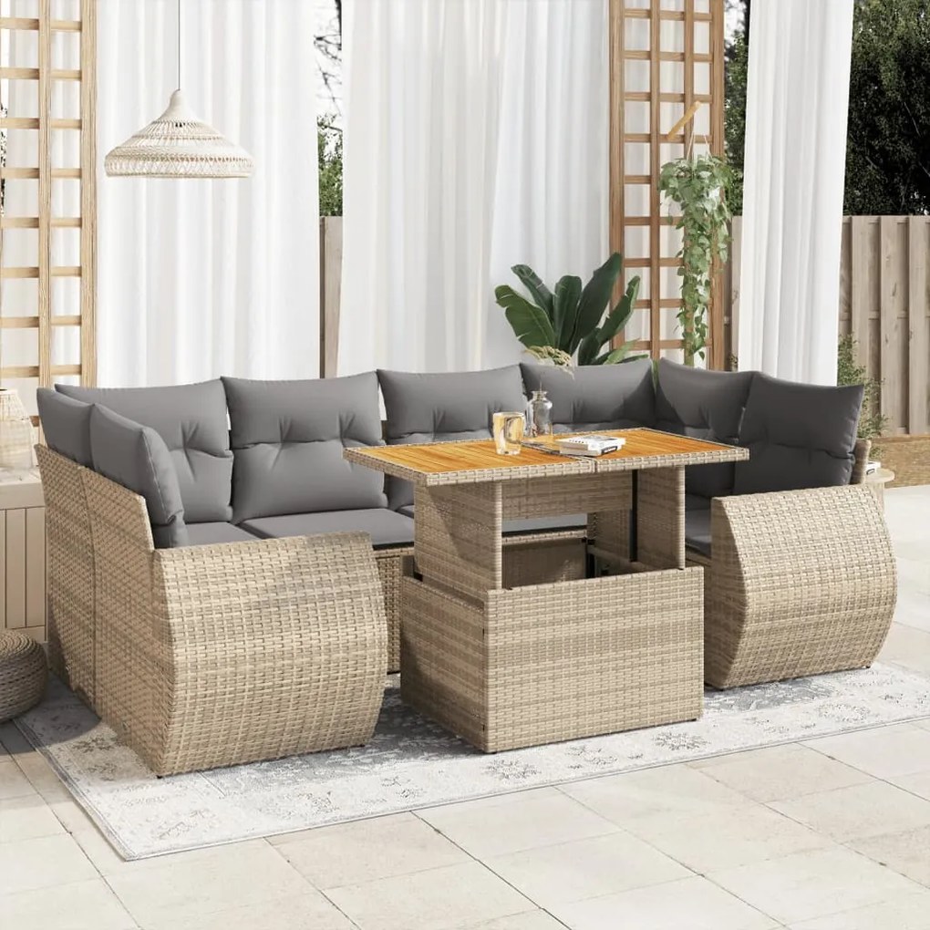 7 pcs conjunto de sofás p/ jardim com almofadões vime PE bege