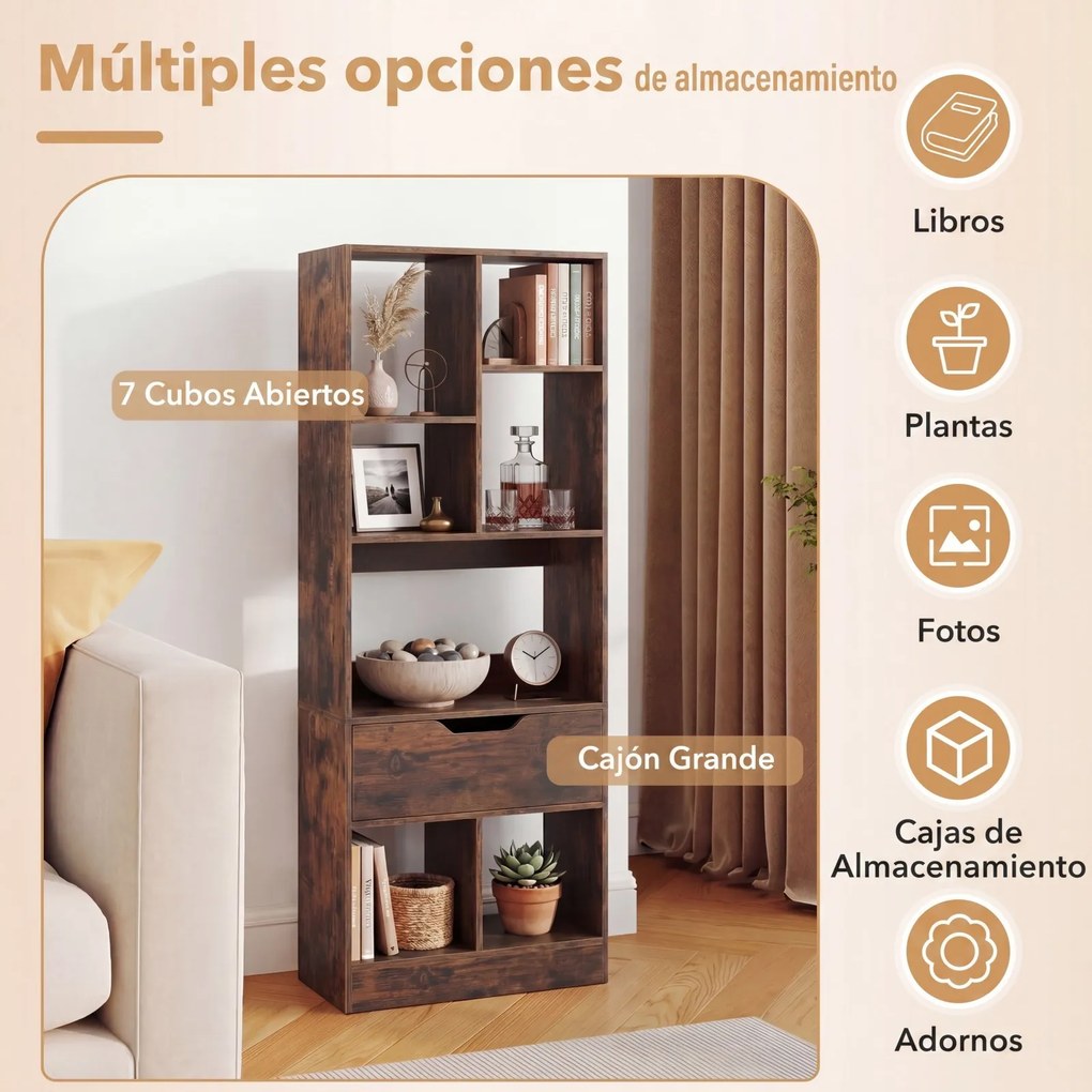 Estante Livreira Estreita, 50 x 24 x 130 cm, 7 Compartimentos e Gaveta Integrada, Castanho