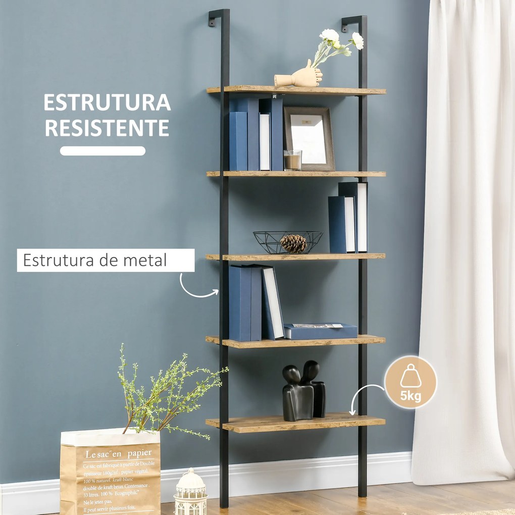 HOMCOM Estante de Escada com 5 Prateleiras Estante de Livros de Parede com Estrutura de Metal para Sala de Estar Escritório Estilo Industrial Carga máxima 25kg 60x30x184,5cm Marrom