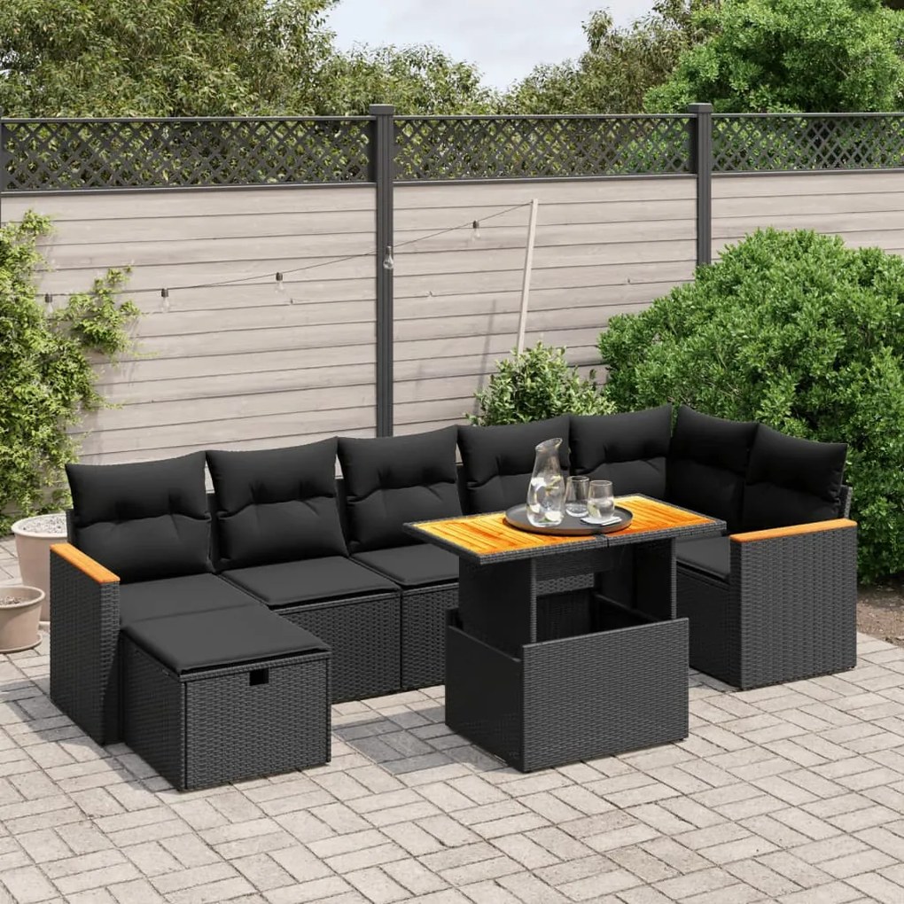 8 pcs conjunto sofás de jardim com almofadões vime PE preto