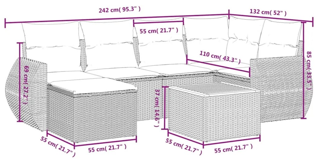 7 pcs conjunto de sofás p/ jardim c/ almofadões vime PE preto