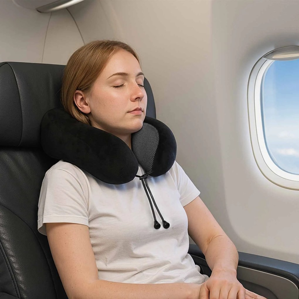 vidaXL Travesseiro de Pescoço para Viagem Preto 27 x 26 x 14 cm Veludo