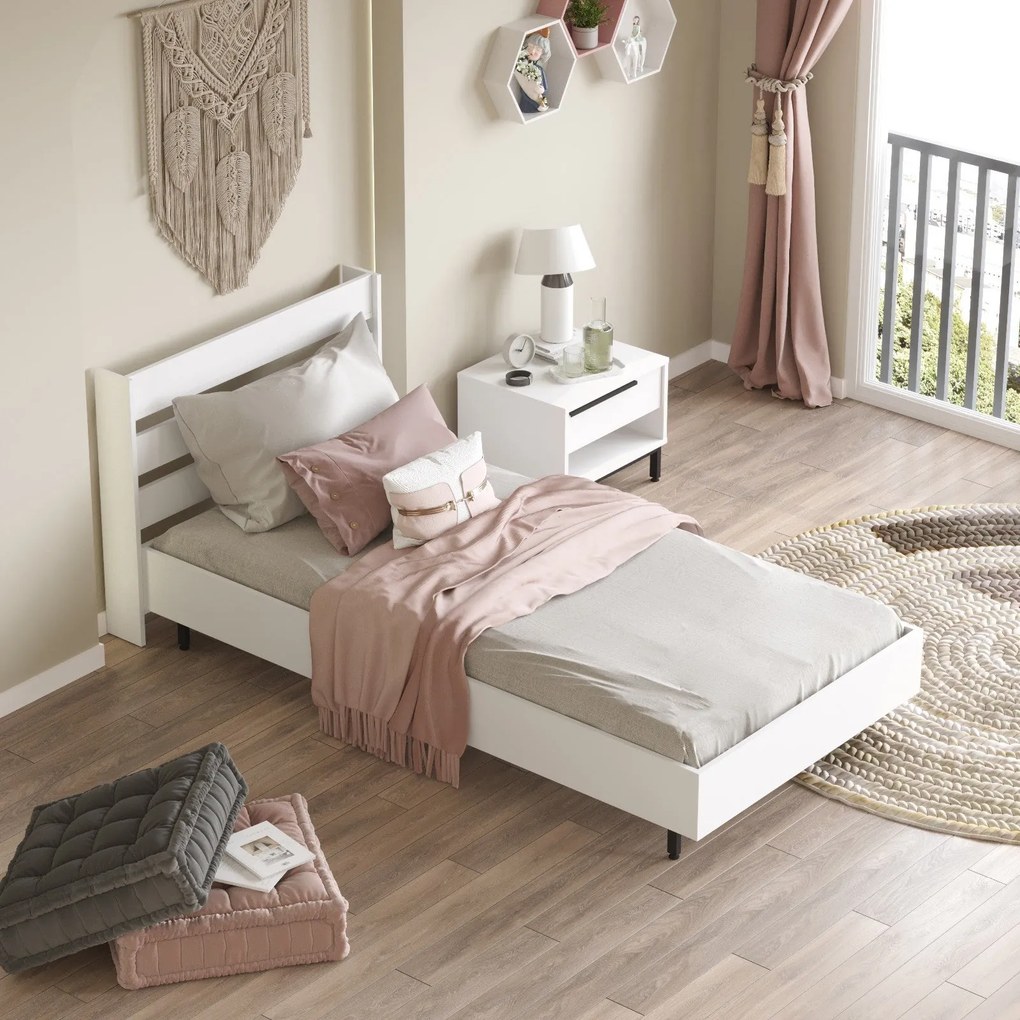 Estrutura de Cama "Ocean" com Cabeceira – Branco - 100x200 cm - Design