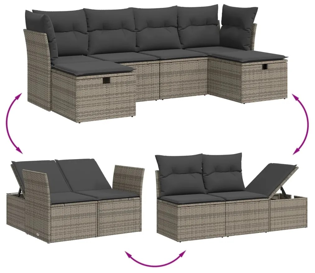 6 pcs conjunto sofás de jardim com almofadões vime cinzento