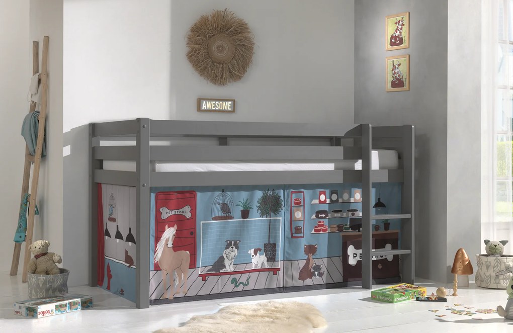 Cama alta de Criança PINO 90 x 200 cm + estrado + escada + cortina Animais Cinzenta