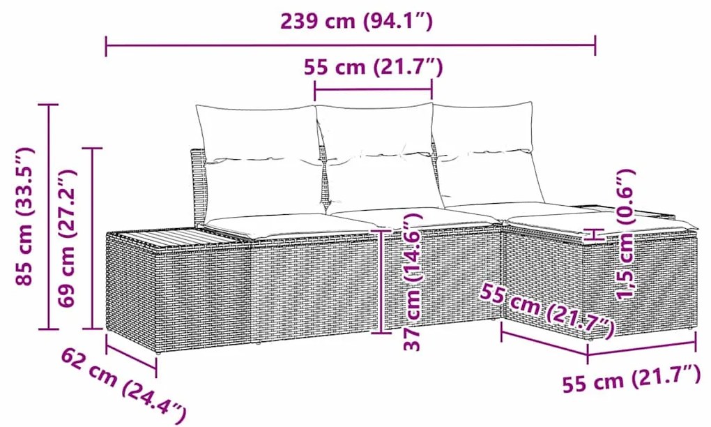 Conjunto de Sofá de Jardim com Almofadas Bege Rattan Poliéster Acácia