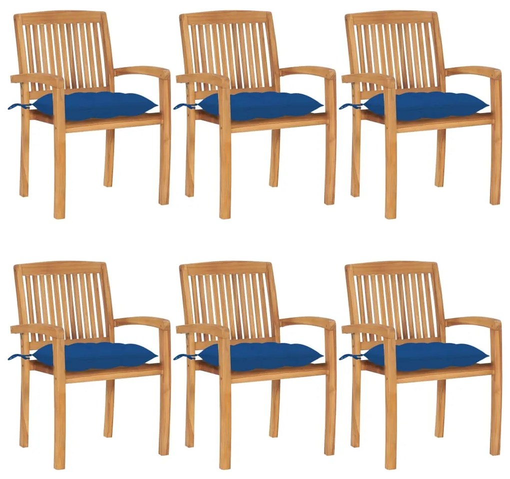 vidaXL Cadeiras de jardim empiháveis c/ almofadões 6 pcs teca maciça
