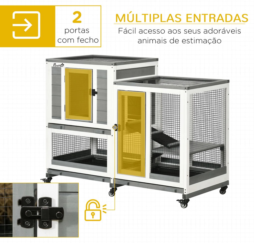 Coelheira de Madeira Interior Gaiola para Coelhos de 2 Níveis com Rodas 2 Rampas 3 Bandejas Amovíveis 110x50x86 cm Cinza