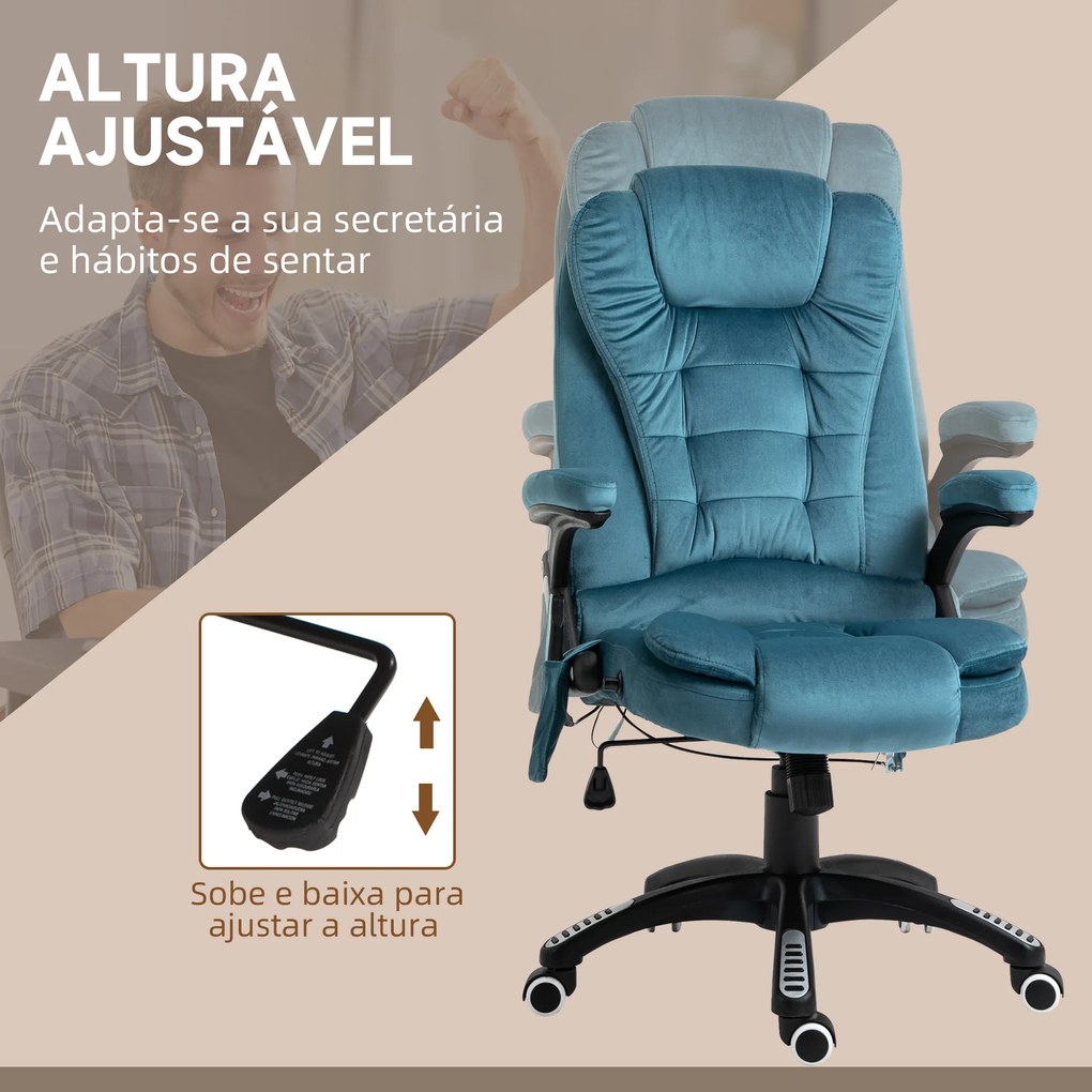 Cadeira de Escritório com 6 Pontos de Massagem Reclinável até 130° com Função de Aquecimento 68x72x110-120 cm Azul