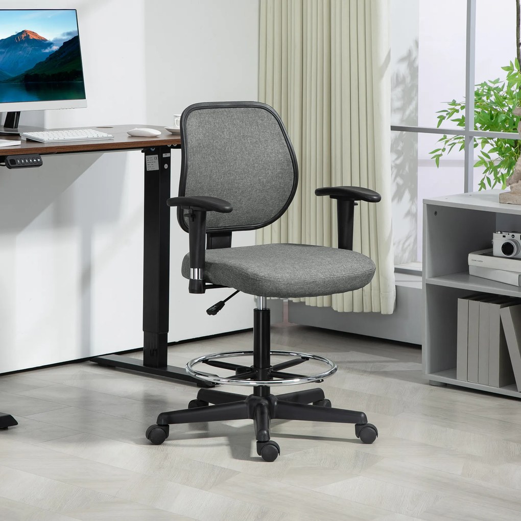 Cadeira de escritório com assento alto ajustável, braços 60 x 57 x 97-119 cm com rodas, cinzenta