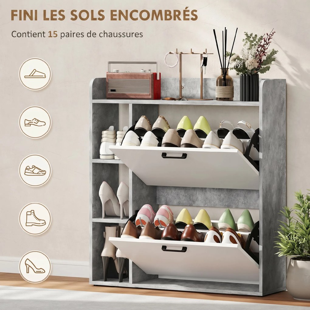 Sapateira com capacidade para 15 pares, armário moderno com 2 gavetas rebatíveis, 83 x 24 x 90,5 cm, branco e cinzento