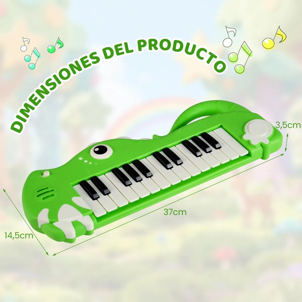 Piano infantil de 25 teclas em forma de dinossauro com música e luzes integradas para maiores de 3 anos Verde