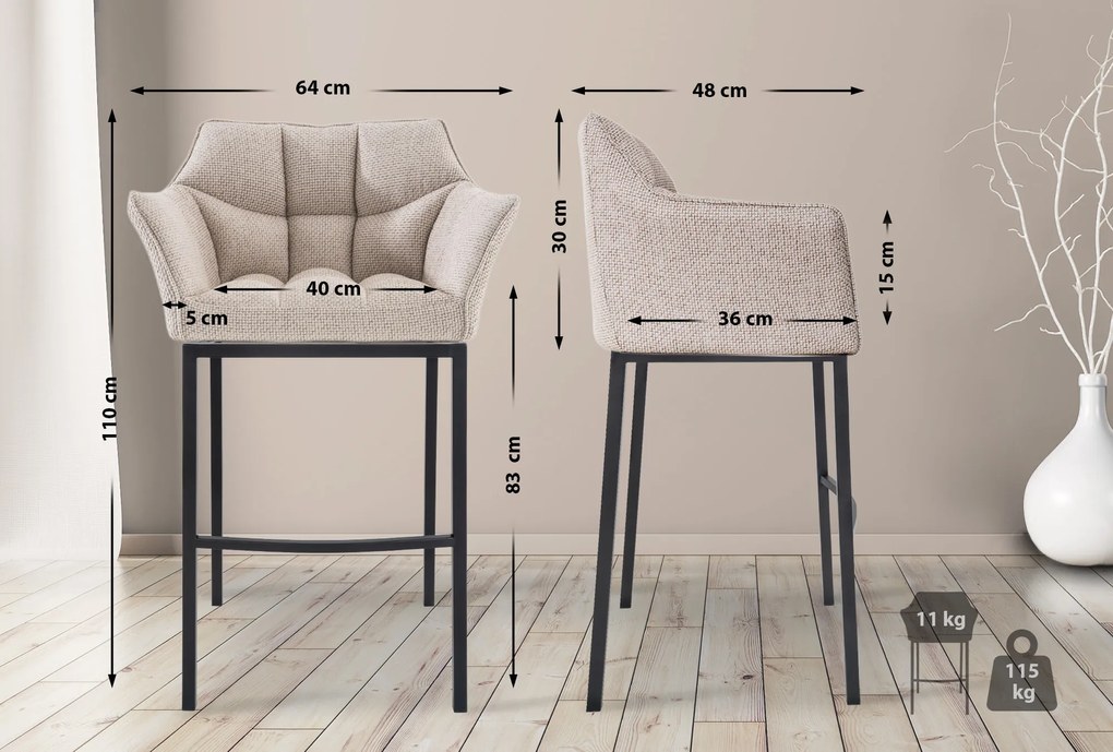 Banco de bar Damaso em tecido e com estrutura preta 64 x 110 x 48 cm Bege marfim