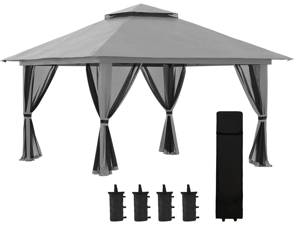 Outsunny Tenda Dobrável Pop-Up 3,9x3,9 m Tenda de Jardim com Altura Ajustável Proteção UV50+ Rede Mosquiteira e Bolsa de Transporte com Rodas Cinzento | AOSOM Portugal
