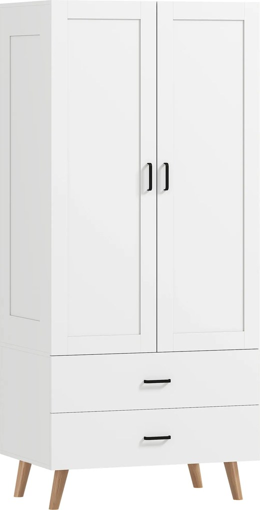 HOMCOM Armário de quarto 2 portas com fecho suave, 2 gavetas e barra de suspensão, 80x54x180cm, branco | Aosom Portugal