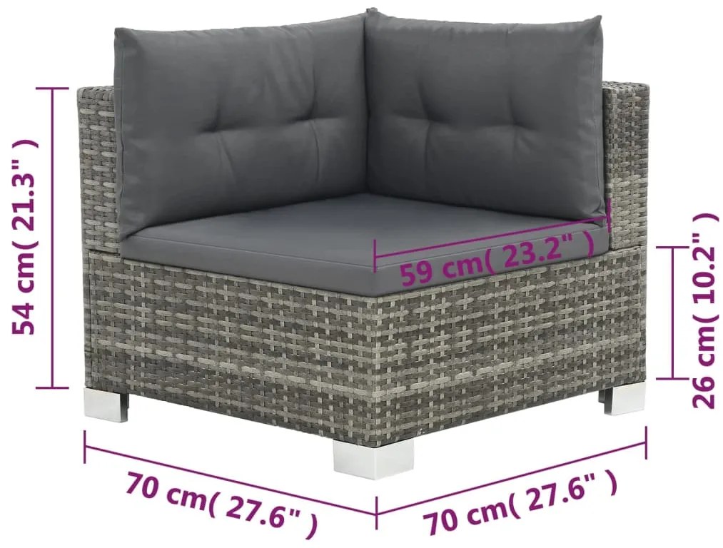 10 pcs conjunto lounge de jardim c/ almofadões vime PE cinzento
