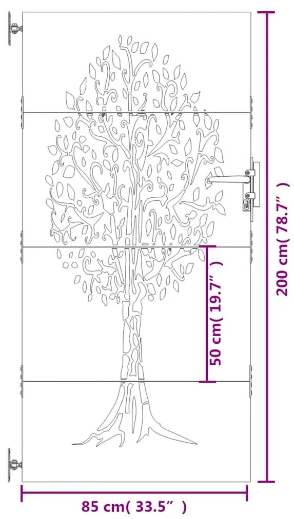 Portão de jardim 85x200 cm aço corten design árvore