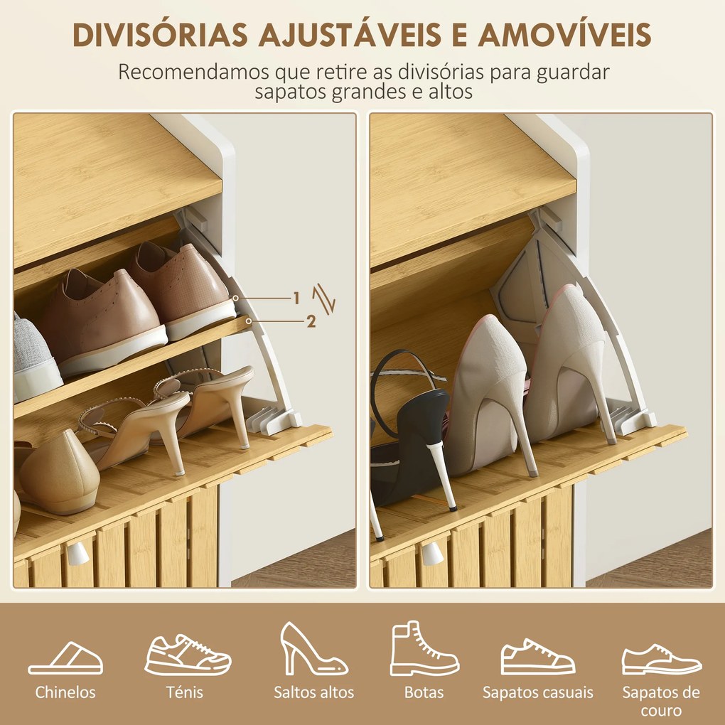 Sapateira Estreita com 2 Portas de Bambu Prateleiras Ajustáveis para 12 Pares de Sapatos 60x24x82,5 cm Branco e Madeira