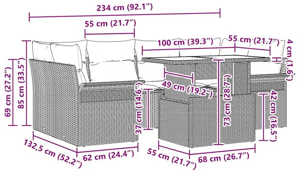 Conjunto de Sofá de Jardim de 7 Peças com Almofadas Pretas de Rattan P