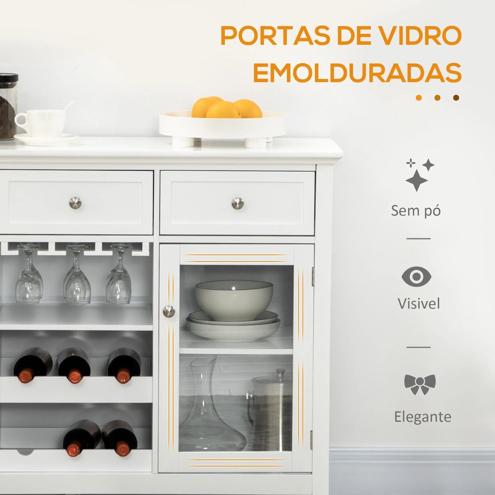 Aparador de Cozinha com 2 Portas de Vidro Suporte para 6 Garrafas e Suporte para 15 Taças Móvel Buffet para Sala de Jantar Sala de Estar Estilo Modern