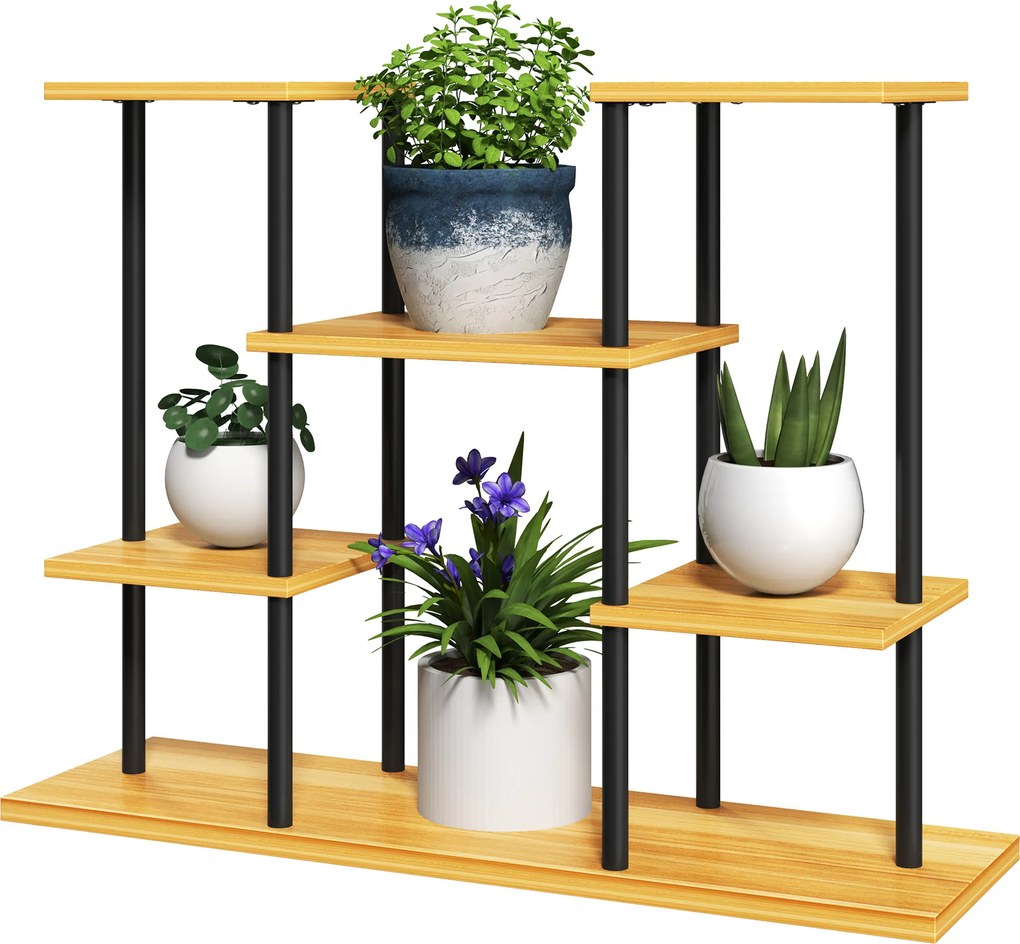 Suporte para plantas de interior com 6 prateleiras, estrutura em aço e base em madeira maciça, 80 x 24 x 61,5 cm, madeira natural