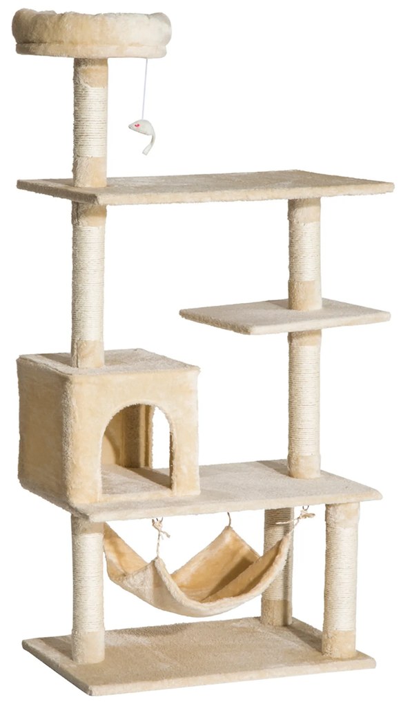 PawHut Arranhador Gatos Plataformas Múltiplas Brinquedo Suspenso Caverna Rede Macia Sisal Confortável 70x40x152cm Bege | Aosom Portugal