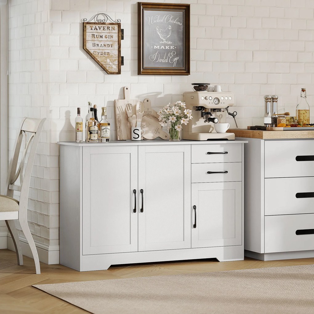 Aparador, móvel de arrumação com 3 portas 120 x 38 x 79 cm, 2 gavetas e prateleira ajustável, branco