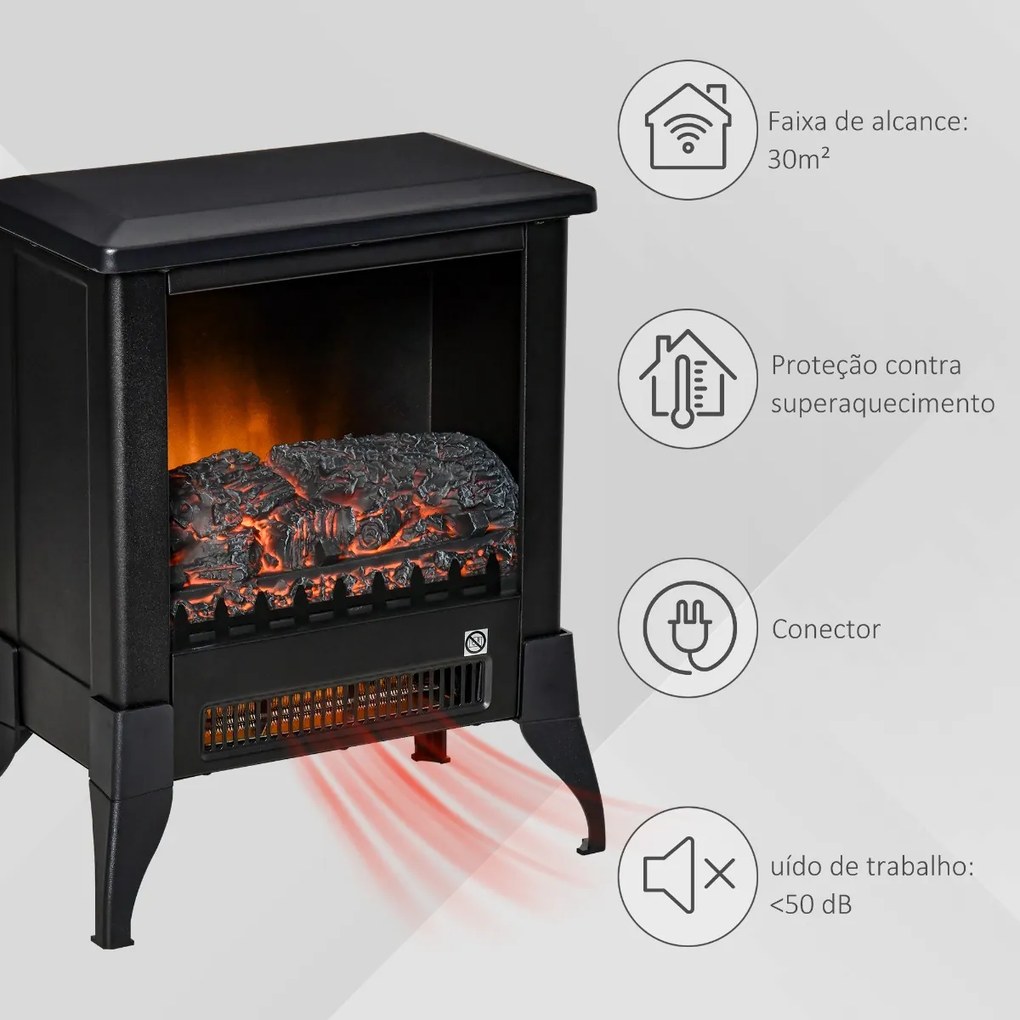 Lareira Elétrica Portátil 1800-2000W Simulação de Chama Termostato Ajustável e Proteção de Superaquecimento para Salas de até 30m² 37x22,8x45,8cm Pret
