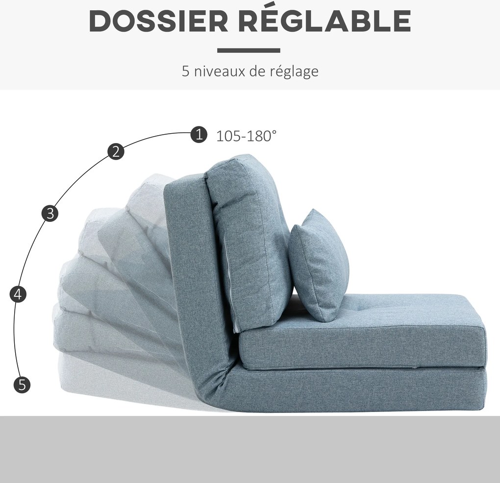 Poltrona-sofá-cama convertível de 1 lugar com 1 almofada e encosto ajustável, azul