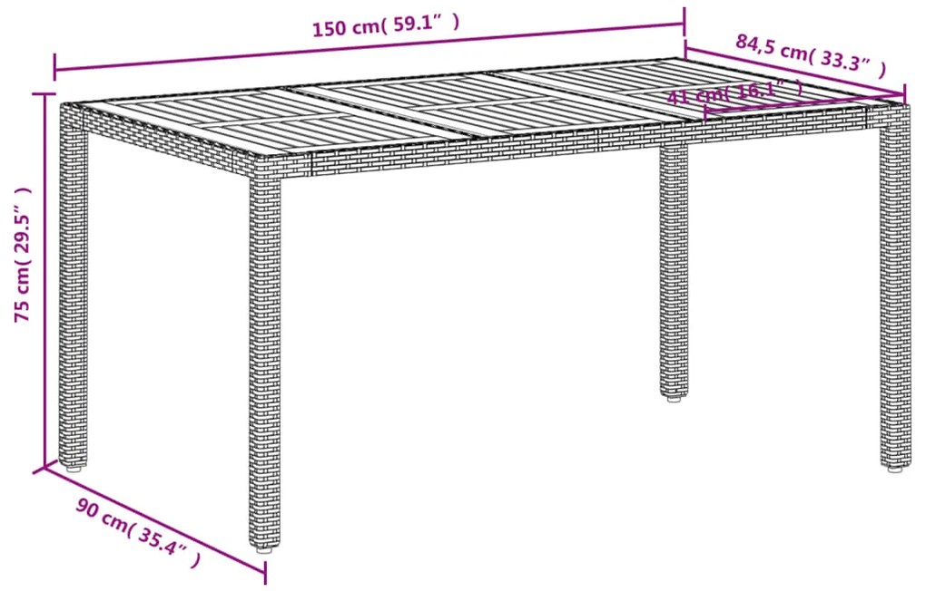 Mesa de jardim 150x90x75 cm vime PE e madeira de acácia bege