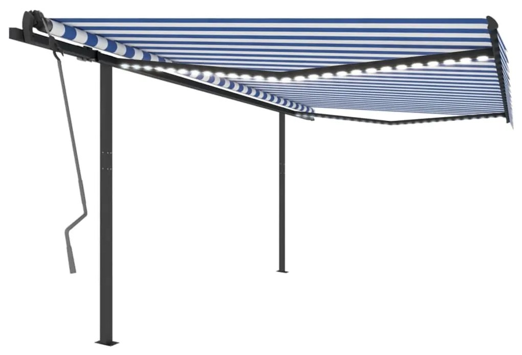 Toldo retrátil manual com luzes LED 4x3,5 m azul e branco