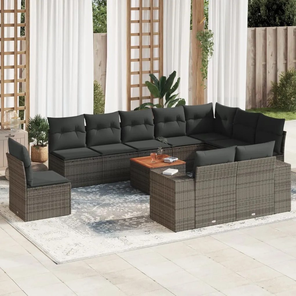 11 pcs conjunto sofás de jardim c/ almofadões vime PE cinzento