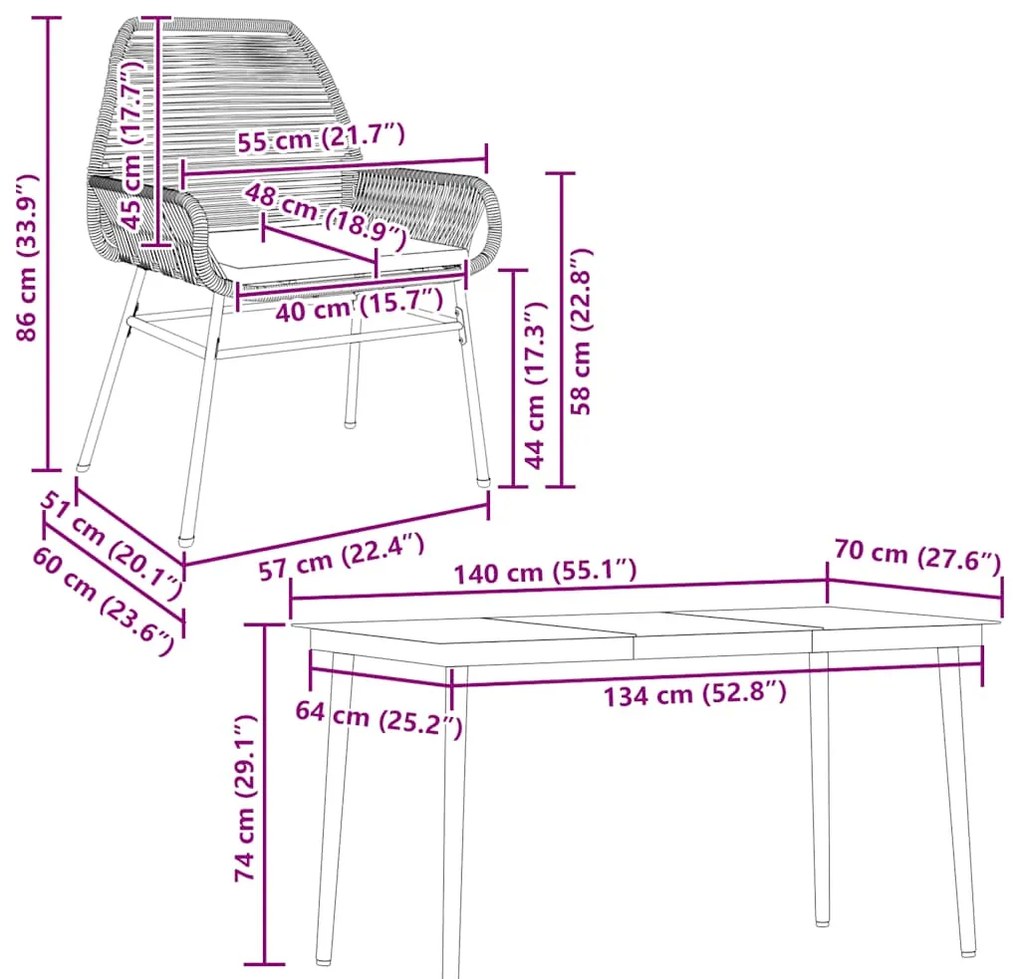 Conjunto de jantar jardim 5 peças almofadas vidro vime PE preto