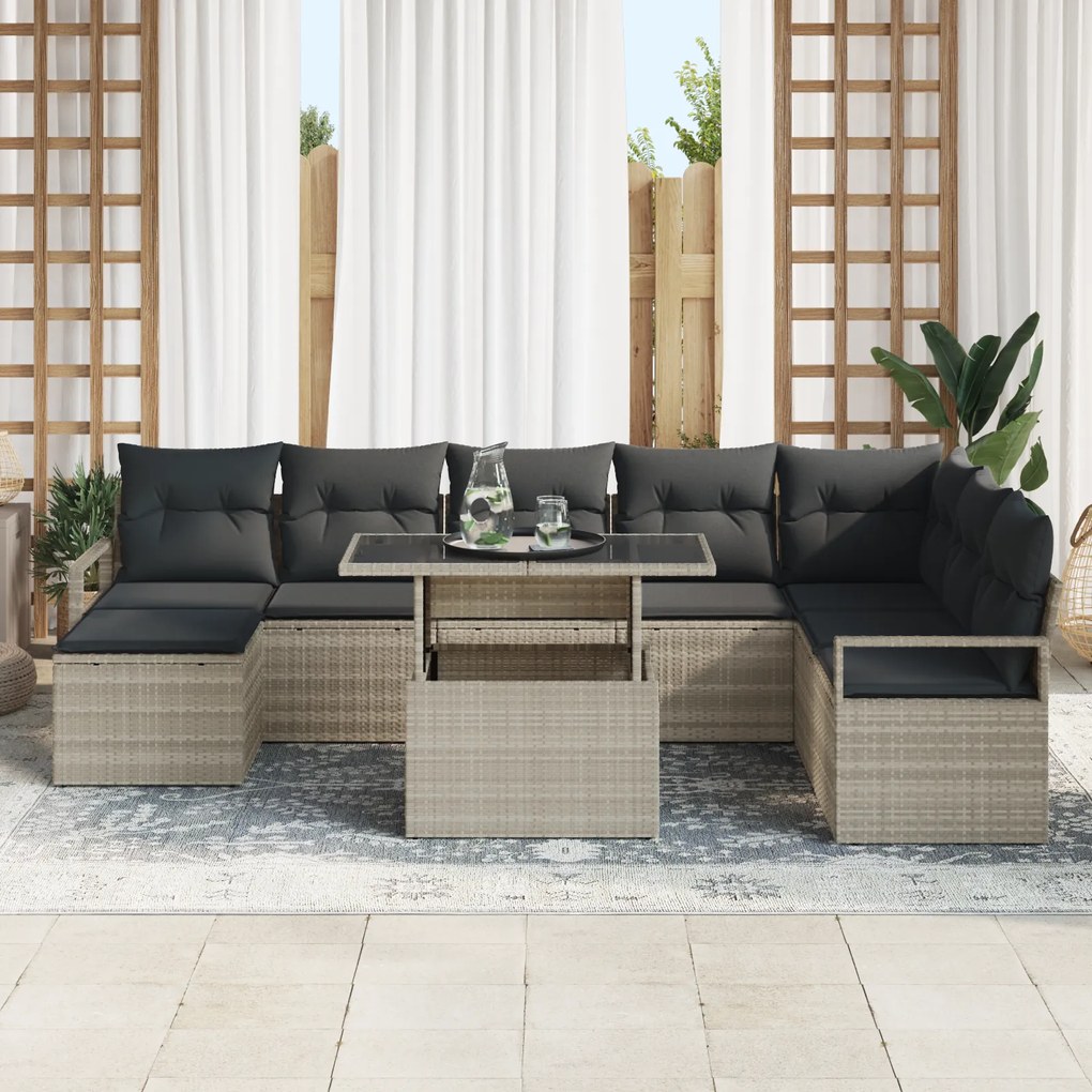 Conjunto de Sofá de Jardim vidaXL 9 Peças com Almofadas Cinza Claro Vi