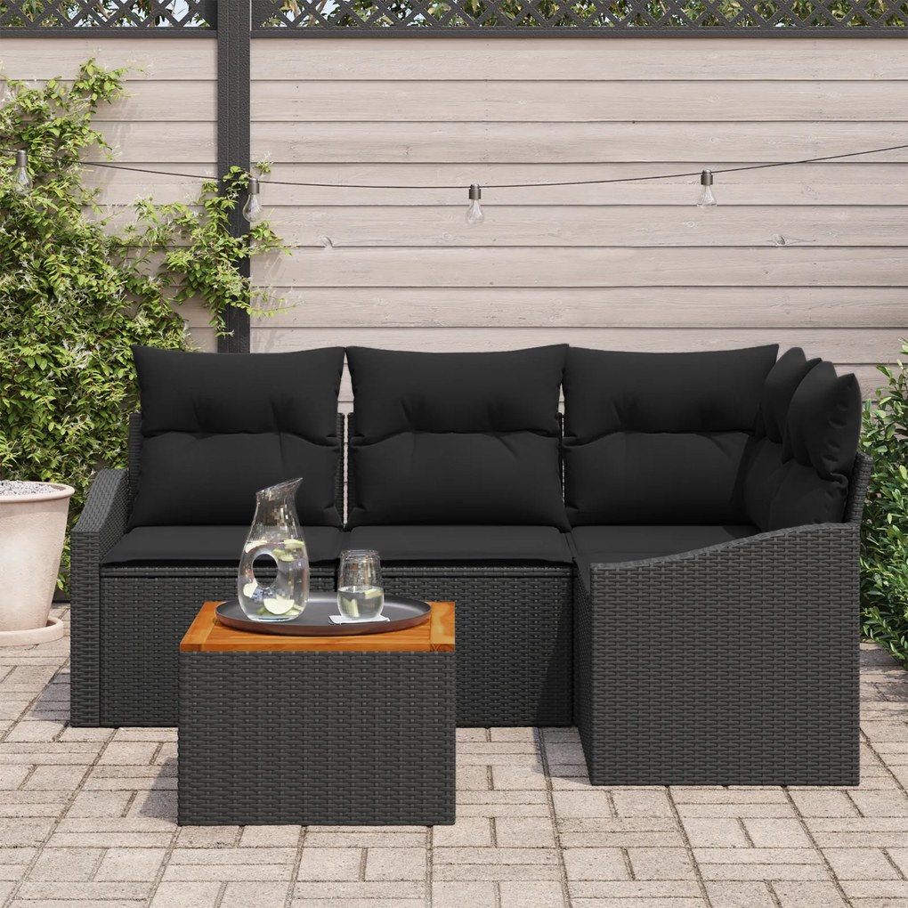 Conjunto de Sofá de 5 Peças para Jardim com Almofadas Preto Rattan Pol